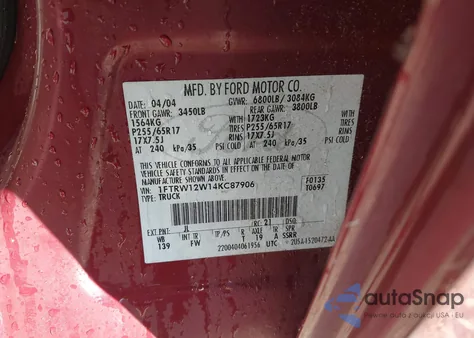 2004 Ford F-150 Xlt из США, поврежденный, VIN 1FTRW12W14KC87906